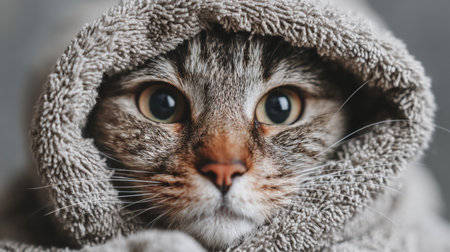 This heartwarming image features a tabby cat wrapped snugly in a soft towel, showcasing its expressive eyes and delightful personality in a serene indoor space.の素材