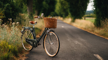 A beautiful vintage bicycle with a wicker basket stands on a quiet country road, surrounded by lush greenery and wildflowers, perfect for leisurely rides.の素材