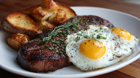 A delightful breakfast featuring a perfectly cooked steak, sunny-side-up eggs, and toasted bread, ideal for showcasing gourmet dining and comfort food options.の素材