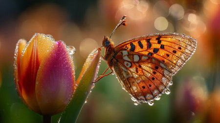 A stunning capture of a butterfly on a tulip, glimmering with dew. This image highlights the exquisite harmony of colors and intricate details found in nature.の素材
