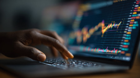 A businessperson engages with stock market data on a sleek laptop, showcasing vibrant graphs and charts that highlight key financial trends and insights.の素材