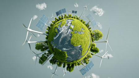 A conceptual representation of a sustainable planet showcasing renewable energy sources including wind turbines and solar panels alongside vibrant greenery and clear skies.の素材