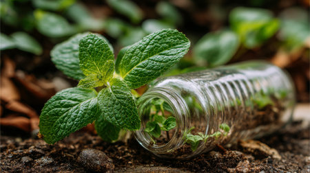 A vivid mint plant emerges from rich soil beside a glass jar, embodying the essence of growth and renewal in a serene natural setting, perfect for eco-friendly themes.の素材