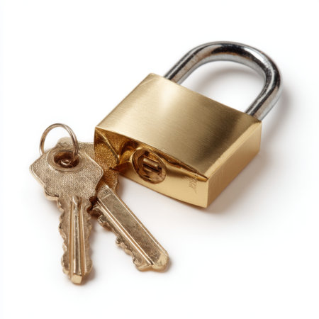 A close-up of a golden padlock with two keys, representing themes of security, protection, and trust. This minimalist image is perfect for illustrating safety concepts.の素材