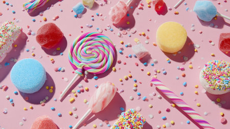 A delightful collection of candies and sweets, vividly arranged on a pink background, perfect for celebrations, marketing, or any fun event featuring vibrant colors.の素材
