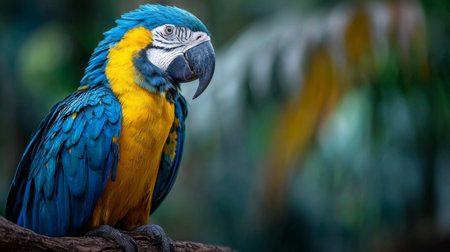 A striking macaw sits on a branch, surrounded by a vibrant tropical setting. Its colorful feathers beckon admiration, showcasing the beauty of wildlife in a natural habitat.の素材