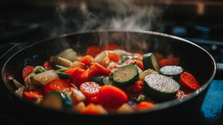 A vibrant stir fry of fresh vegetables is being cooked in a pan, with steam rising in a bright kitchen, showcasing healthy and colorful meal preparation.の素材