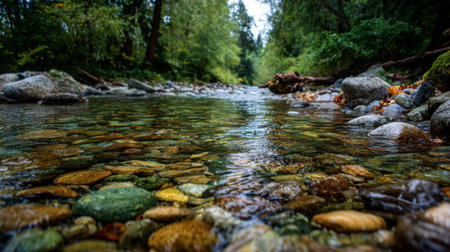 Explore the tranquil beauty of a serene river flowing through a lush forest, with clear waters revealing colorful pebbles and reflecting vibrant greenery surrounding the banks.の素材