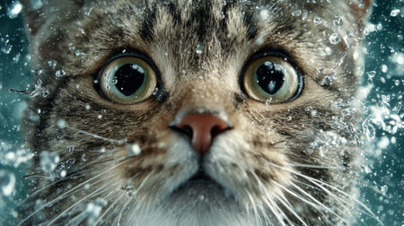 An expressive close-up of a curious cat surrounded by sparkling water droplets, showcasing its big eyes and intricate fur details in a captivating and playful moment.の素材