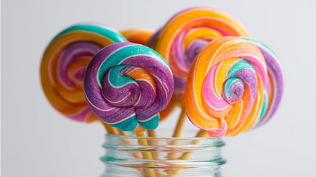 A vibrant collection of colorful swirled lollipops arranged in a jar, evoking a cheerful atmosphere perfect for candy shops and sweet treats.の素材
