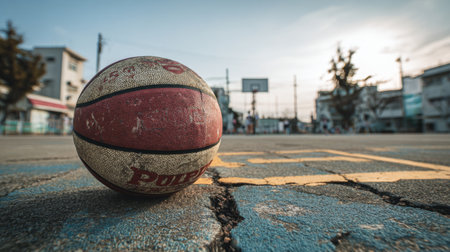 A close-up view of a worn basketball resting on a cracked court, capturing the essence of outdoor sports and community engagement during a sunset game.の素材