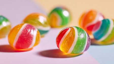 A vibrant close-up of swirled hard candy showcasing bright colors on a pastel background. Perfect for enhancing designs related to sweets, joy, and celebrations.の素材