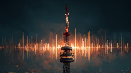 A striking communication tower emits vibrant sound waves against a dark city skyline, blending technology and art in a captivating night scene.の素材