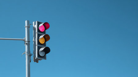 A clear image of a traffic signal displaying red, yellow, and green lights. This symbolizes road safety and effective urban infrastructure against a bright blue sky.の素材