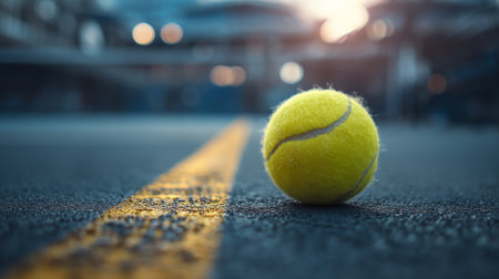 A close-up view of a bright yellow tennis ball resting on a court line, illustrating the energy and excitement of the sport in an urban environment during sunset.の素材