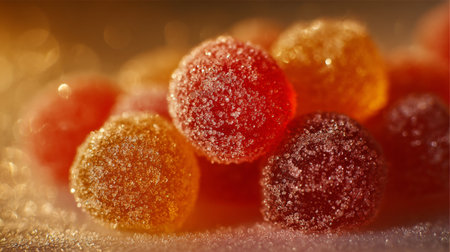 Close-up image of colorful sugar-coated gummy candies resting softly, illuminated by warm, ambient light, showcasing vibrant textures and delightful shapes.の素材
