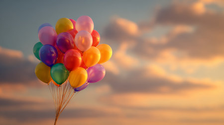 A cluster of colorful balloons floats gracefully in a breathtaking sunset sky, embodying joy and celebration, perfect for enhancing festive themes and cheerful moments.の素材