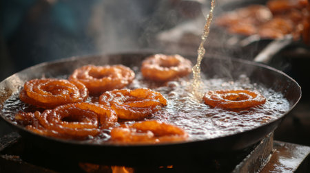 A vibrant scene of crispy jalebi frying in hot oil, showcasing the mesmerizing process of creating this beloved traditional sweet for festivals and celebrations.の素材