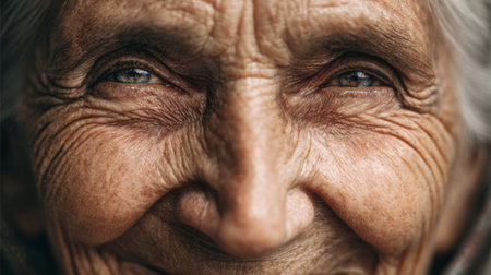 This close-up portrait captures the beautiful smile and expressive eyes of an elderly woman, reflecting her life experience and warmth in natural light.の素材