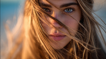 A stunning close-up portrait of a young woman with flowing hair, highlighted by the wind, reflecting her captivating blue eyes and natural beauty in an outdoor setting.の素材
