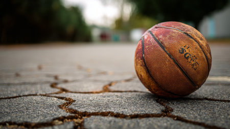 An image showcasing a worn basketball resting on a cracked asphalt surface, highlighting the vibrant textures and urban backdrop, evoking a sense of playfulness and community.の素材