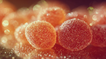 This captivating image showcases vibrant red sugar-coated candy with a sparkling finish, set against a softly blurred background, perfect for dessert themes and sweet cravings.の素材