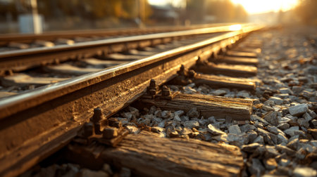 A captivating view of railway tracks stretching into the distance at sunset, showcasing the interplay of light and shadows on wooden ties and rocky gravel.の素材