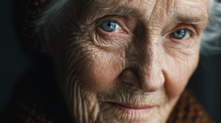 This powerful close-up portrait captures the essence of an elderly woman with striking blue eyes, showcasing her rich facial textures and deep emotions.の素材