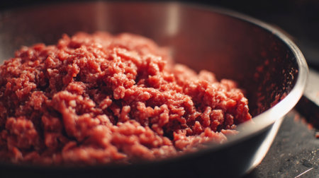 Close-up of raw ground meat in a bowl ready for cooking. This fresh ingredient is perfect for various culinary creations and meal preparations in any kitchen.の素材