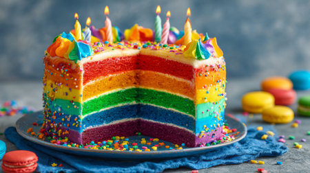 A beautifully decorated rainbow cake adorned with vibrant layers, candles, and sprinkles, ideal for parties and joyful celebrations, bringing happiness to any event.の素材