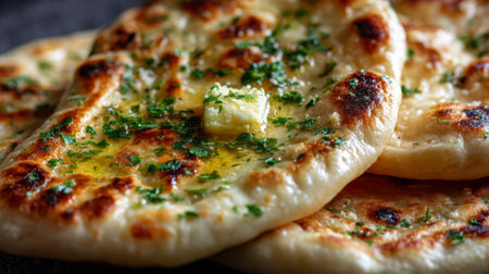 Savory naan bread with melted butter and a sprinkle of herbs served on a dark surface. Ideal for showcasing Indian dishes and enhancing culinary experiences.の素材