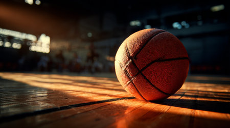 A vibrant close-up of an orange basketball resting on a wooden gym floor, illuminated by warm sunlight, perfect for capturing the essence of sports and energy.の素材