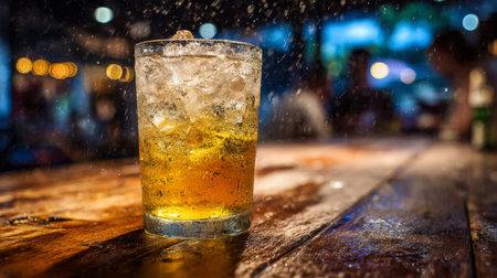 A close-up image of a refreshing cocktail in a clear glass with ice cubes, resting on a wooden table, illuminated by soft lights in a lively bar atmosphere.の素材
