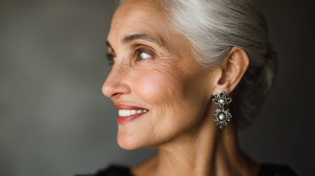A close-up portrait of an elegant senior woman displaying her stylish earrings, showcasing her graceful beauty and the charm of maturity against a soft background.の素材