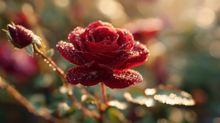 A stunning close-up of a vibrant red rose covered in dew drops, showcasing its intricate petals and delicate texture, set against a soft, natural backdrop.の素材