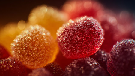 This close-up image showcases a delightful assortment of colorful gummies, each coated in sugar, arranged beautifully to highlight their vibrant hues and textures.の素材