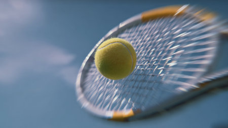 A vibrant image capturing a tennis ball striking the strings of a racket against a clear blue sky, illustrating the thrill of sports and dynamic athletic motion.の素材