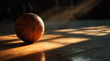 This captivating image showcases a basketball resting on a wooden court, illuminated by warm light, emphasizing the sportの素材
