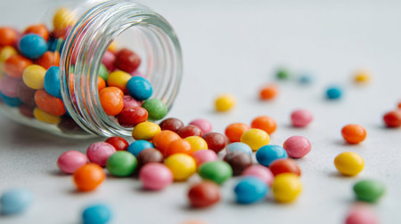 A delightful array of colorful candies spills from a glass jar, creating a cheerful scene filled with vibrant treats. Perfect for capturing the joy of sweets and celebrations.の素材