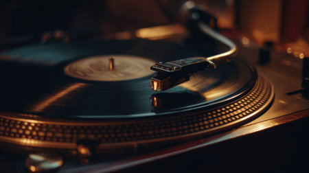 A close-up view of a vintage record player featuring a spinning vinyl disc, illuminated by warm ambient lighting, creating a cozy and nostalgic atmosphere in a retro setting.の素材