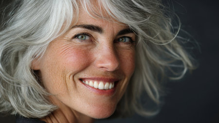 This portrait features a smiling woman with beautiful silver hair, exuding confidence and warmth. The soft focus background enhances her natural beauty and joy.の素材