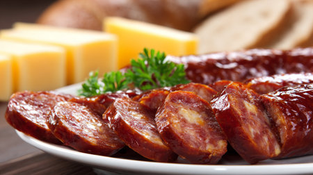 A close-up view of delicious sliced sausage arranged on a plate with fresh cheese and bread in the background. Perfect for food lovers and recipe showcases.の素材