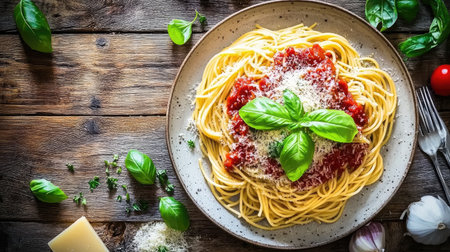 A delicious plate of classic spaghetti topped with rich tomato sauce, garnished with fresh basil and cheese, set on a rustic wooden table.の素材