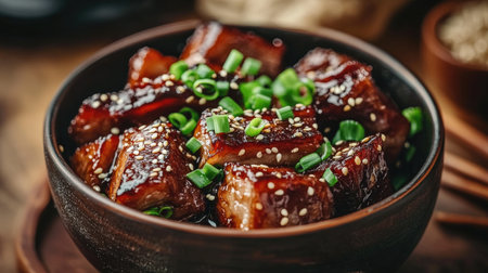 A mouthwatering bowl of savory glazed meat garnished with fresh green onions and sesame seeds, showcasing a delightful culinary presentation.の素材