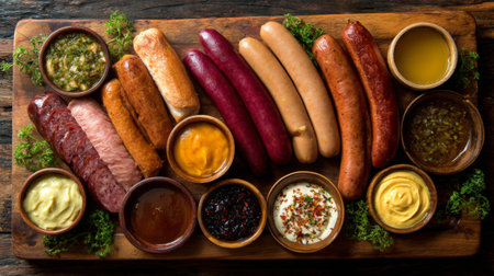 An enticing display of various sausages artistically arranged on a rustic wooden platter, complemented by an assortment of condiments and fresh herbs ideal for gatherings.の素材