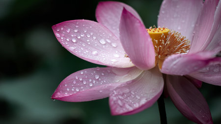 A beautiful close-up view of a pink lotus flower adorned with droplets of water on its delicate petals, capturing the essence of nature's beauty and tranquility.の素材