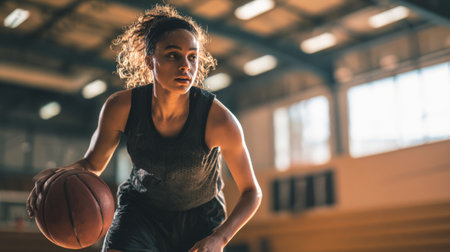 Dynamic young female basketball player skillfully dribbles the ball in a well-lit gymnasium, showcasing determination and athleticism during practice and training.の素材