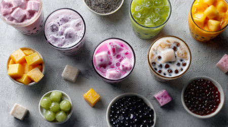 This vibrant image showcases a selection of cool drinks adorned with colorful toppings, perfect for summer gatherings or cafes, reflecting diverse flavors and textures.の素材