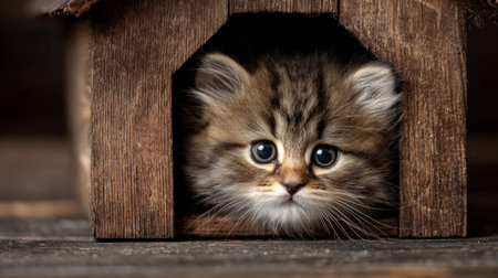 A delightful fluffy kitten peeks out from a rustic wooden house, showcasing its large expressive eyes and soft fur. This image evokes warmth and joy, making it ideal for pet enthusiasts.の素材