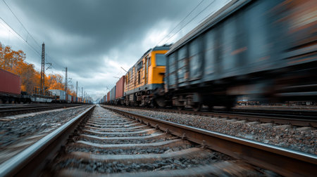 This dynamic image captures the energetic movement of a freight train speeding along railway tracks under a dramatic cloudy sky, creating a sense of adventure.の素材